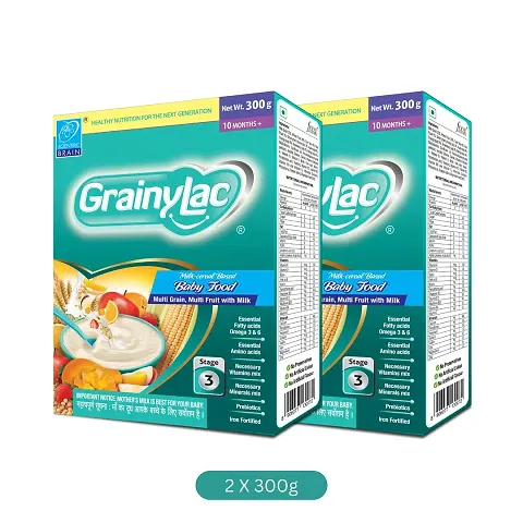 GrainyLac Multi Grain Multi Fruit with Milk, 10+ Months| Stage 3| Baby Cereal Food 600 gm (300 gm x 2 Pack)