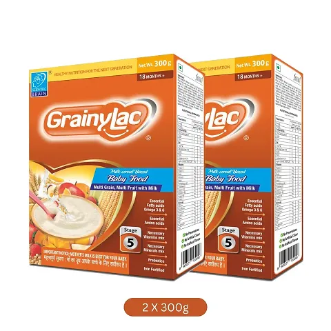 GrainyLac Multi Grain Multi Fruit with Milk, 18+ Months| Stage 5| Baby Cereal Food 600 gm (300 gm x 2 Pack)