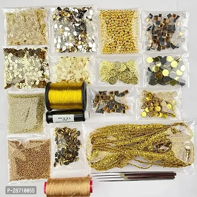 Aari Work Materials Kit Combo Pack Set of Gold Color Beads , Sepia , Zardosi , Mirrors and Others