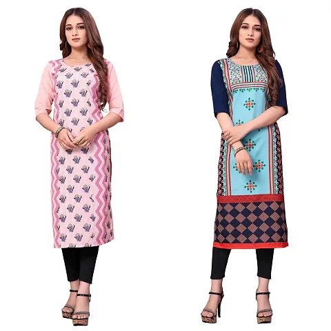 ONIXINO Women's Straight Stitched Kurti Multicolored(Combo Pack 2)