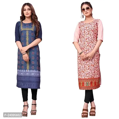 ONIXINO Women's Straight Stitched Kurti Multicolured (Combo Pack 2)-thumb0