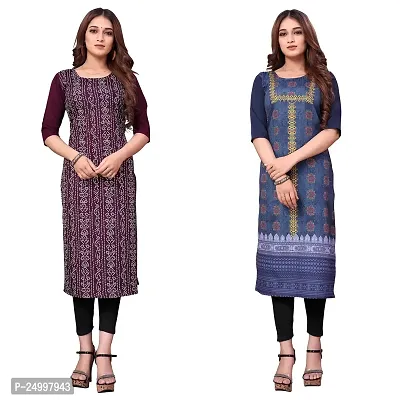 ONIXINO Women's Straight Stitched Kurti Multicolured (Combo Pack 2)