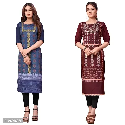 ONIXINO Women's Straight Stitched Kurti Multicolured (Combo Pack 2)-thumb0