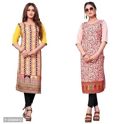 ONIXINO Women's Straight Stitched Kurti Multicolured (Combo Pack 2)