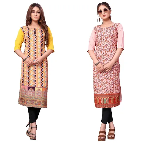 ONIXINO Women's Straight Stitched Kurti Multicolured (Combo Pack 2)