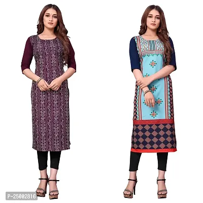 ONIXINO Women's Straight Stitched Kurti Multicolured (Combo Pack 2)