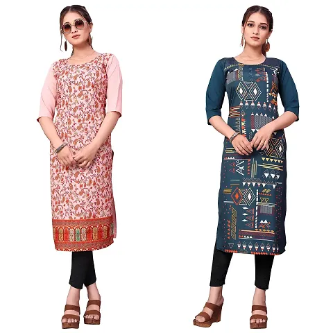 ONIXINO Women's Straight Stitched Kurti Multicolured (Combo Pack 2)