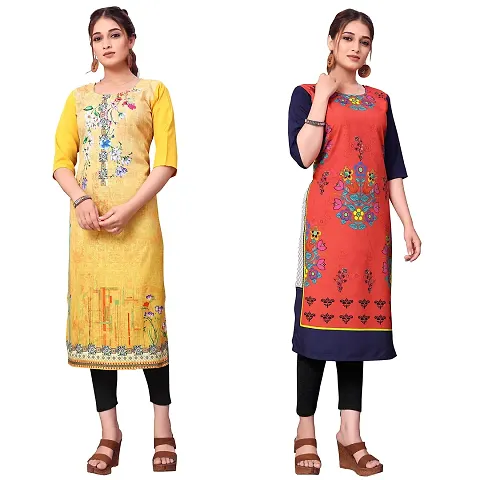 ONIXINO Women's Straight Stitched Kurti Multicolure (Combo Pack 2)