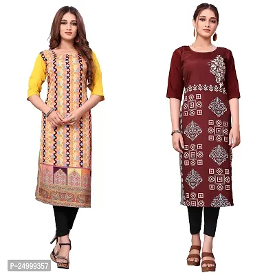 ONIXINO Women's Straight Stitched Kurti Multicolured (Combo Pack 2)