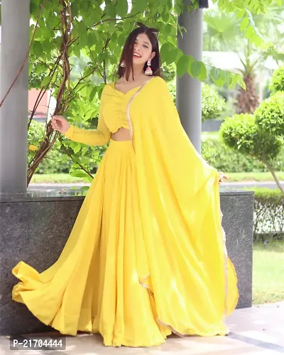Stylish Yellow Georgette Solid Lehenga Choli with Dupatta Set For Women