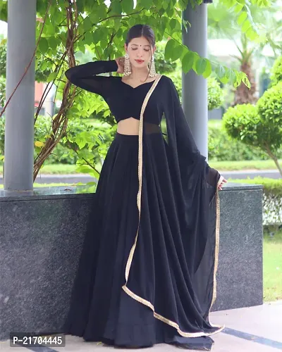 Stylish Black Georgette Solid Lehenga Choli with Dupatta Set For Women