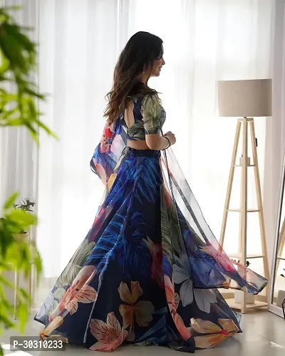 Stylish Blue Organza Printed Lehenga with Choli And Dupatta Set For Women-thumb3