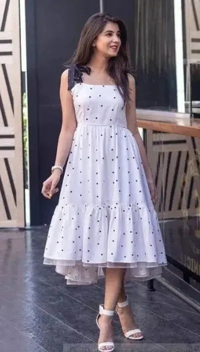 Elegant Polka Dot Print Crepe Sleeveless Dress For Women