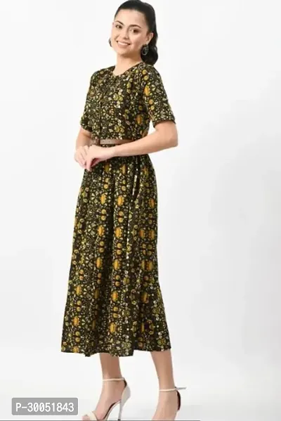 Floral Printed A-line Crepe Dress with belt for Ladies and Girls-thumb0