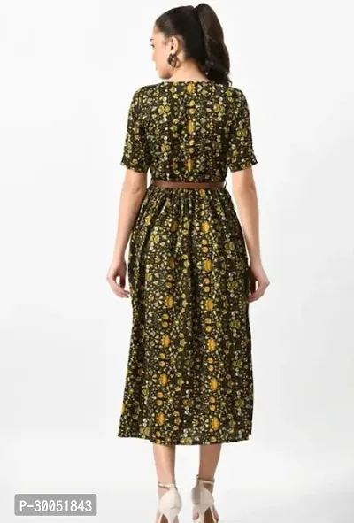 Floral Printed A-line Crepe Dress with belt for Ladies and Girls-thumb3