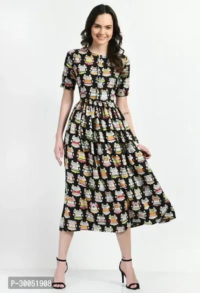 Beautiful Printed Crepe Dress With Belt For Women-thumb0