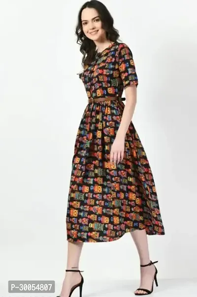 Elegant Printed Crepe Dress With Belt For Women-thumb0