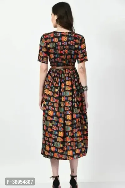 Elegant Printed Crepe Dress With Belt For Women-thumb3