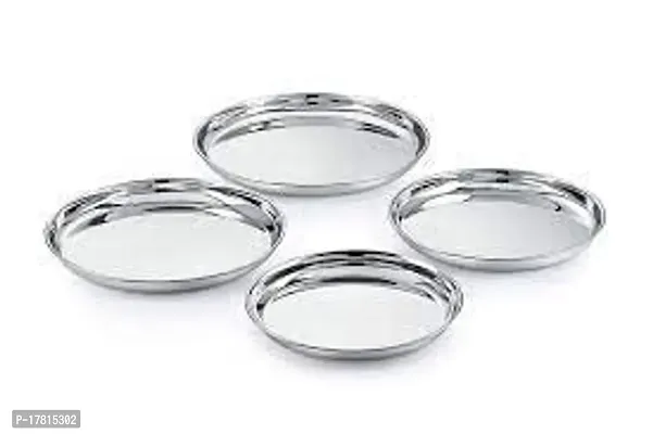 Stainless Steel Dinner Plate Thali | 4 Pcs | Silver | 22 Heavy Gauge Thali Dish for Daily use for Lunch-Dinner Also for Gift