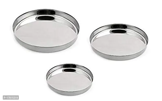 Stainless Steel Dinner Plate, Dinner Thali (Small,Medium  Big Size) Set of 3-thumb0