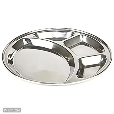 Stainless Steel Round 4 in 1 Compartment Lunch/Dinner Plate Set of 1Pcs, 30.3cm Dia, Silver-thumb0