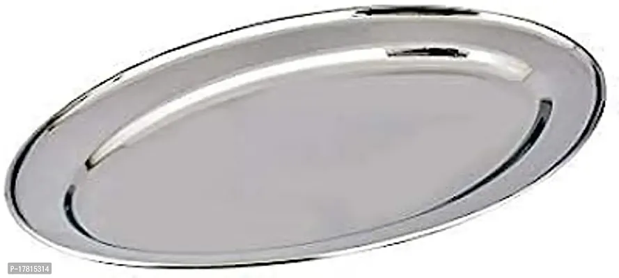 Bhojan Thali Steel - Mess Tray - Dinner Plate Divided Plate/Thali/Mess Tray Set, 33.5 x 24.5 x 3 cm, Silver (Pack of 1)-thumb0