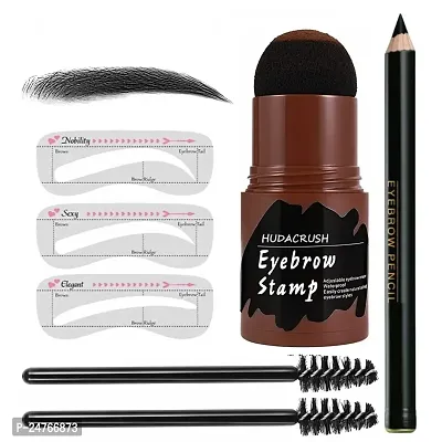 HUDACRUSH BEAUTY 7 in 1 Eyebrow Pencil, Stamp, 2Pcs Brush and 3Pcs Stencils - Waterproof Eyebrow and Hairline Stamp Shadow Stick (Black Edition)