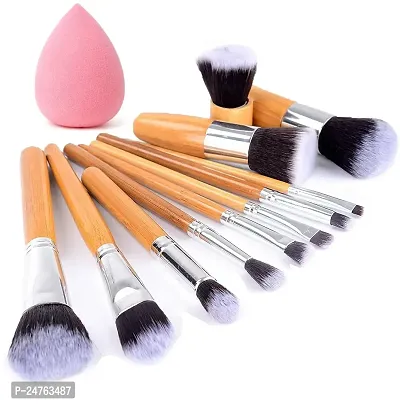 HUDA GIRL Beauty Professional Makeup Brushes with Blender Puff 11 Pieces Natural Bamboo Handle, Travel Case - Wooden-thumb0