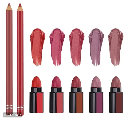 HUDACRUSH BEAUTY Lipstick with Lip Liner Combo Pack - Red Edition 5-in-1 Lipstick with 2pcs Multicolor Pencil lipliner