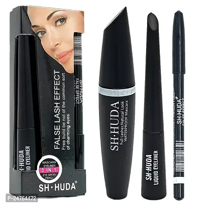 Sh.Huda Professional 3 in 1 Beauty Mascara, Liquid Eyeliner and Eyebrow Pencil - Waterproof, Smudge-Proof and Long Lasting Eye Makeup Kit for Girls