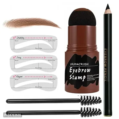HUDACRUSH BEAUTY 7 in 1 Eyebrow Pencil, Stamp, 2Pcs Brush and 3Pcs Stencils - Waterproof Eyebrow and Hairline Stamp Shadow Stick (Light Brown Edition)