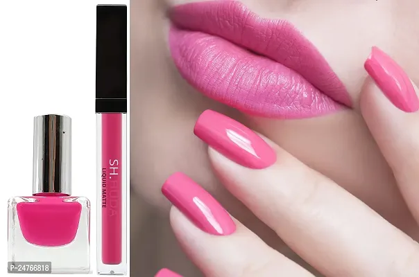 SH.HUDA Professional BEAUTY Makeup Combo Kit of Liquid Matte Lipstick with Matching Shade Nail Polish (Pink Edition)