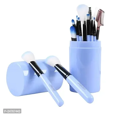 BEAUTY GLAZED Makeup Brush Set Professional and Personal Use - 12Pcs Platic Handle Brushes with Holder (Blue)
