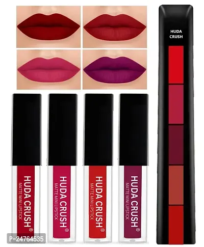 HUDA CRUSH BEAUTY Lipstick Combo Pack of 4Pcs Mini Liquid Lipsticks with 5in1 Fab Lip Color (Red Edition, 30 ml)