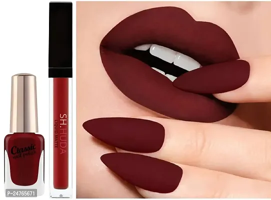 SH.HUDA Professional Beauty Lipsticks for Women with Matching Shade Nail Polish (Maroon Edition)