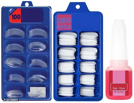 HUDANAILS Fake/False Artificial Nails with Glue, Nail Art Combo of 100 Acrylic White, 100 Transparent Nails with 2 Reusable Nail Glues