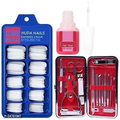 HUDACRUSH BEAUTY 18 in 1 Combo kit - Artificial Fake Nails (100Pcs) + Manicure Set 16 in 1 Stainless Steel + Nail Glue