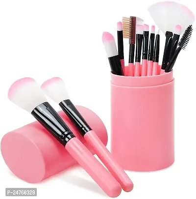 Focallure Makeup Brush Set Professional and Personal Use - 12Pcs Platic Handle Brushes with Holder (Pink)