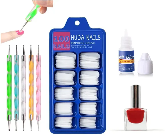 HUDA NAILS BEAUTY Nail Art Kit for Girls, 100Pcs Fake Nails with Artificial Nail Glue, 2 Way Usable Nail Dotting Pen and Long Lasting Nails Polish/Enamel