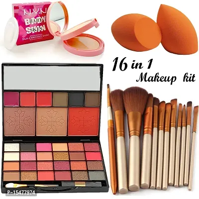 16 in 1 Face Makeup Combo Kit Of 33 in 1 Makeup Kit , 12pcs Naked Brush , Baby Skin Compact Powder and 2  pcs Sponge Puff Beauty Blender-thumb0