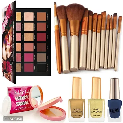 17 in 1 Makeup Kit Of Rose Gold Edition , 12 pcs Makeup Brush , Baby Skin Compact Powder , 2 Glitter Nail Polish and 1 Classic Nail Polishe