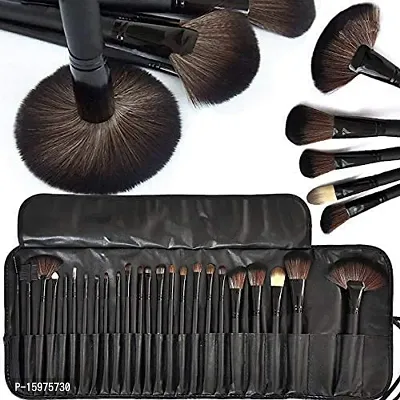 Soft Bristle Makeup Brush Set With Pu Leather Case - Black, 24 Pieces, 24 In 1 Makeup Brush Black-thumb0