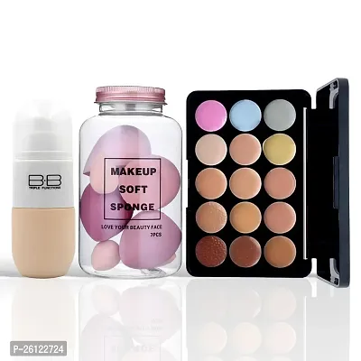 Huda Crush Beauty 3-in-1 Combo Kit - B.B Makeup Foundation, 15-Color Concealer Palette, and 6-Piece Sponge Jar for Flawless Beauty