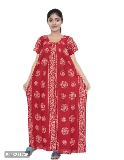 Stylish Red Cotton Printed Nightdress For Women-thumb0