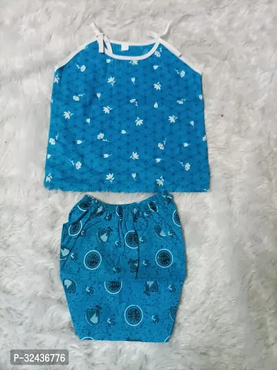 Stylish Blue Cotton Printed Top With Bottom Set For Girl-thumb0