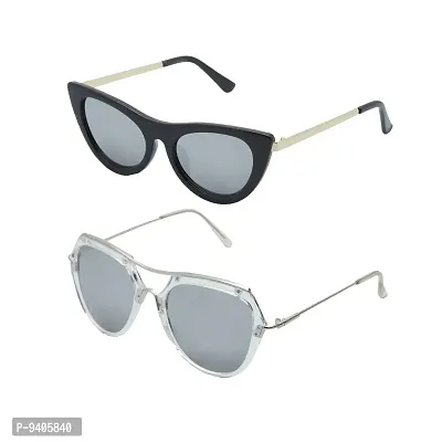 VAST&#174; Cat Eye Sunglasses For Women Ladies Girls UV Protected Latest Stylish Goggles (Combo- SilverMirror, BlackSilver)-thumb0