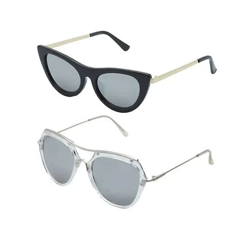 VAST&#174; Cat Eye Sunglasses For Women Ladies Girls UV Protected Latest Stylish Goggles (Combo- SilverMirror, BlackSilver)