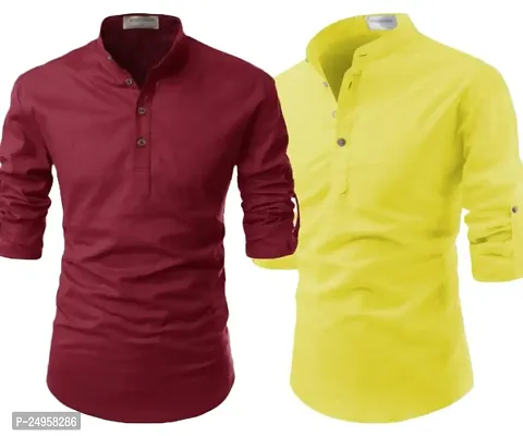 LIFE ROADS Long Sleeve Premium Soft Cotton Solid Color Regular Spread Collar, Latest Slim/Smart fit Pack of 2 Kurta for Men. Maroon, Yellow-thumb0