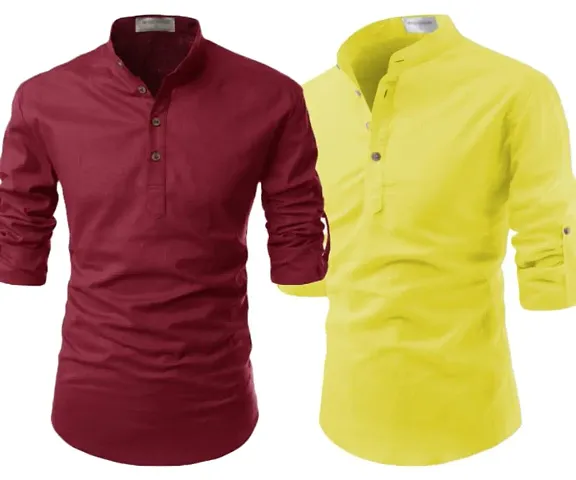 LIFE ROADS Long Sleeve Premium Soft Solid Color Regular Spread Collar, Latest Slim/Smart fit Pack of 2 Kurta for Men. Maroon,