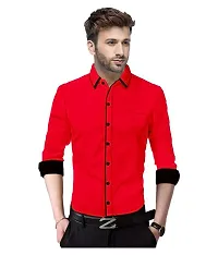 LIFE ROADS Men's Slim Fit Regular Fit, Piping Red Cotton Solid Shirt-thumb2